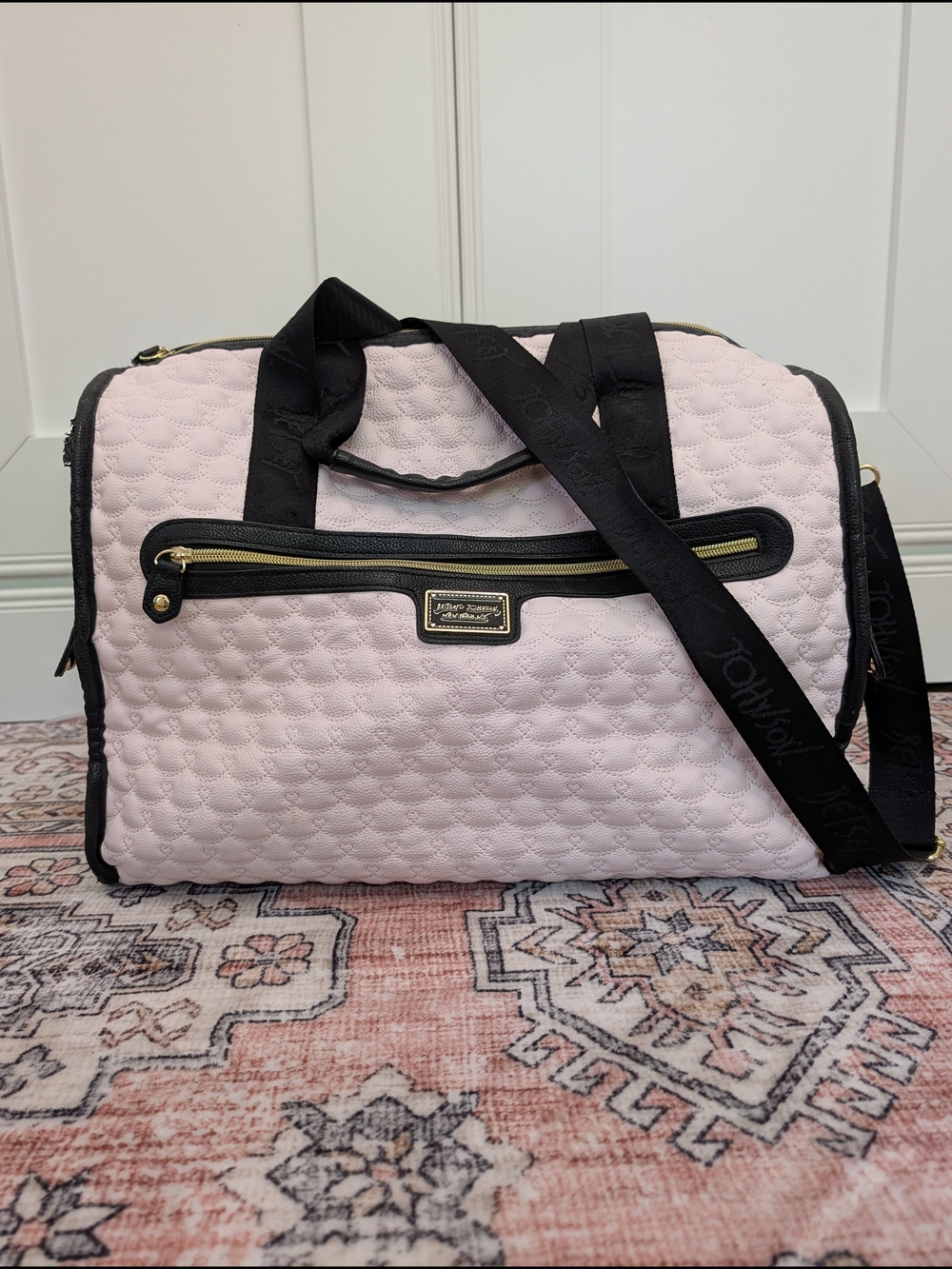 Betsey Johnson Quilted Light Pink Travel Weekender Duffel Bag with Black Trim
